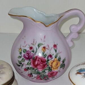 Floral Pink Ceramic Mini Pitcher with Gold Trim